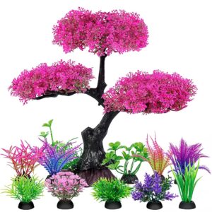 Ameliade Synthetic Plastic Aquarium Crops Ornament Set: Pink Cherry Blossom Tree & Grass Decor for Goldfish and Betta Fish Tanks (Pink)