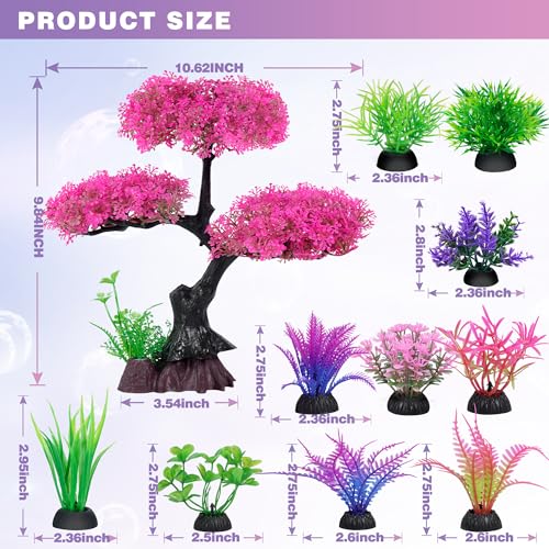 Ameliade Synthetic Plastic Aquarium Crops Ornament Set: Pink Cherry Blossom Tree & Grass Decor for Goldfish and Betta Fish Tanks (Pink)